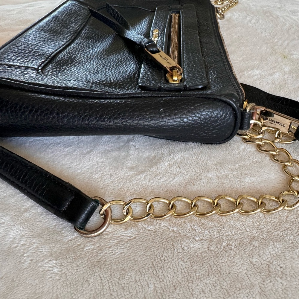 KARL LAGERFELD Black Leather Gold Chain Shoulder Bag Crossbody - Picture 8 of 9